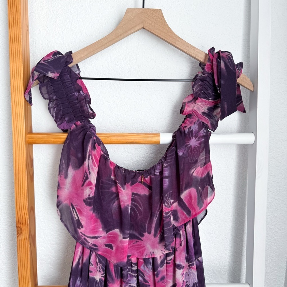 MISA Los Angeles Micaela Dress in Purple Pink Floral Off The Shoulder Ruffle - Picture 7 of 12